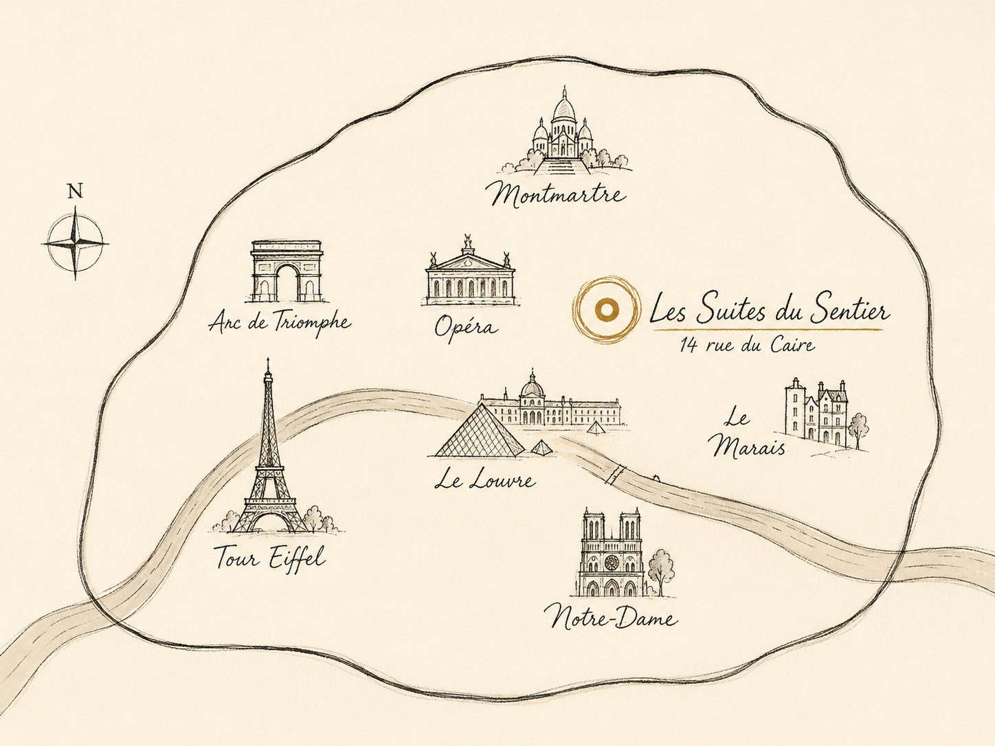 Carte illustrée de Paris situant Les Suites du Sentier, 14 rue du Caire, entre l'Opéra, le Louvre et le Marais
