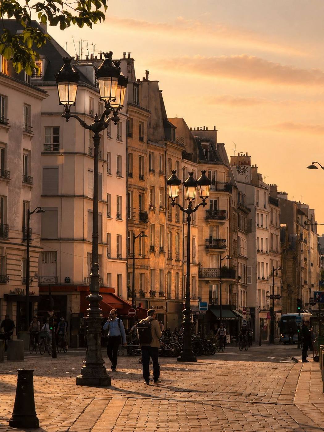 Une place pavée du Marais au soleil couchant, réverbères et façades parisiennes